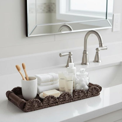 CubesLand Bathroom Toilet Paper Tray Organizer, Scalloped Decorative Tray w/Wood Handle for Counter, Shelves, Wicker Tray for Farmhouse Rustic Home Decor, Coffee Table Decor, Seasonal Decor, Brown