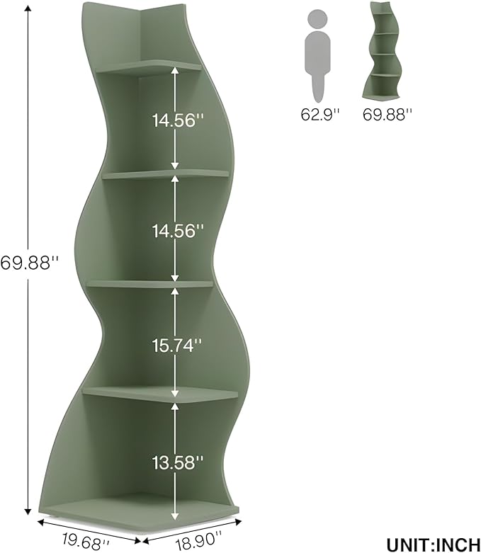 Arvolia 70 Inch Corner Bookshelf, Modern 5-Tier Small Bookshelf with Unique Curved Design, Freestanding Vertical Storage Shelf for Living Room, Bedroom or Home Office (Sage Green)