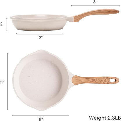 JEETEE 11 Inch Nonstick Frying Pan, Stone Coating Cookware, Nonstick Omelette Pan with Heat-Resistant Handle, Compatible with All Stoves (Beige)