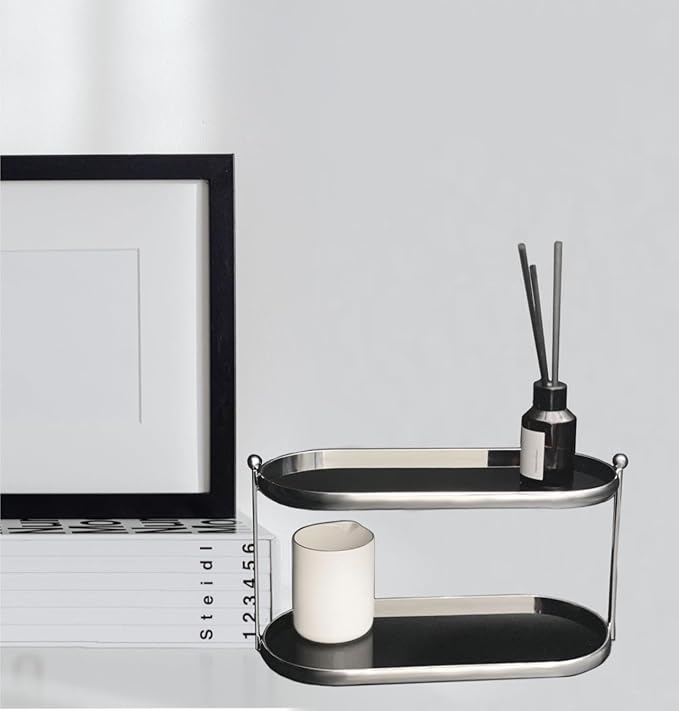 2 Tier Metal Frame Perfume Organizer in black - morden, stylish, minimalist tiered tray for Watch, Jewelry, Brooch Skincare, - Elegant Countertop Display Shelf for Dresser, Vanity, Bathroom