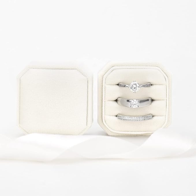 DesignSter Velvet Ring Box - Square, 3 Slots, Premium Ring Bearer Box for Wedding Ceremony & Proposal Engagement (Beige)