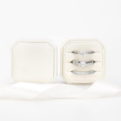 DesignSter Velvet Ring Box - Square, 3 Slots, Premium Ring Bearer Box for Wedding Ceremony & Proposal Engagement (Beige)
