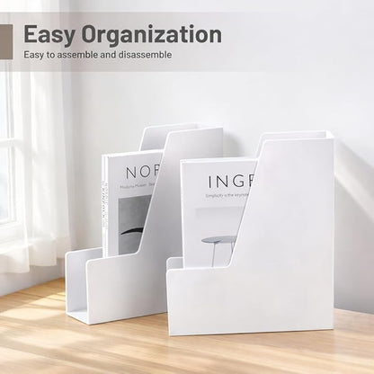 CiWiVOKi Vertical Magazine File Holder, Desk Organizer and Storage for Magazines, Binders, Notebooks, Envelopes, Multi-Purpose Desktop File Organizer for Home, Office & Classroom, 4 Pack, White