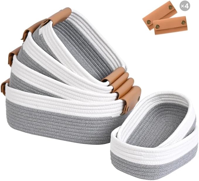 Storage Baskets for Organizing, Small Woven Basket Set of 6 - 4 Shelf Basket with Leather Handle and 2 Small Gift Baskets, Cotton Rope Basket for Shelves, Nursery, Dog Toy, Bathroom