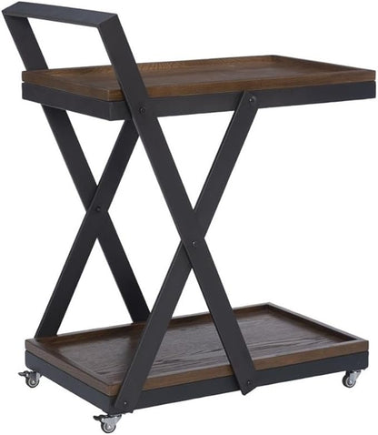 Linon Carley Dark Rustic Wood 2 Level Rolling Bar Cart with Metal Frame in Black