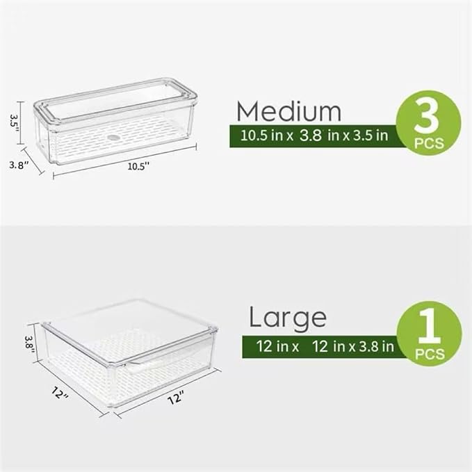 4 Pack Fridge Organizer, Stackable Refrigerator Organizer Bins with Lids, BPA-Free Fridge Organizers and Storage Containers for Fruit, Vegetable, Food, Drinks, Cereals, Clear