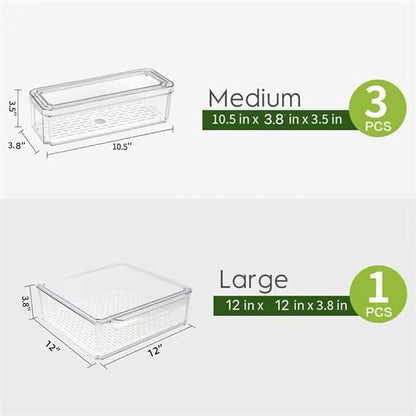 4 Pack Fridge Organizer, Stackable Refrigerator Organizer Bins with Lids, BPA-Free Fridge Organizers and Storage Containers for Fruit, Vegetable, Food, Drinks, Cereals, Clear
