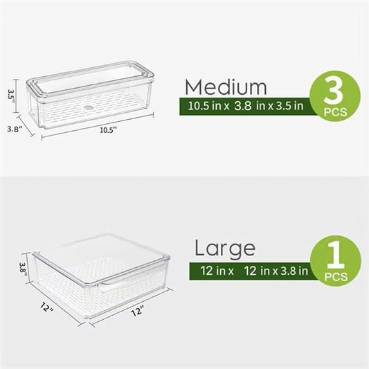 4 Pack Fridge Organizer, Stackable Refrigerator Organizer Bins with Lids, BPA-Free Fridge Organizers and Storage Containers for Fruit, Vegetable, Food, Drinks, Cereals, Clear