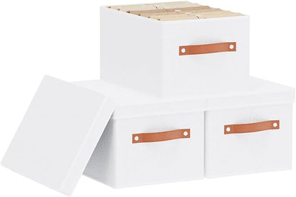 YheenLf Fabric Storage Boxes with Lids, 7.1 x 9.1 x 13 Inch Clothes Bins for Shelves, Closet Organizers for Organizing with Handles, White, 3-Pack