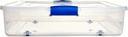 HOMZ 2-Pack Under Bed Storage, Clear Plastic Containers with Lids, 56 Quart, Blue Latch - Stackable Underbed Organizer Bins for Shoes, Bags, Clothes, and Towels