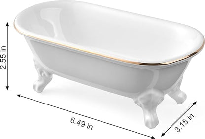 6.5" Ceramic Mini Decorative Clawfoot Bathtub Bar Soap Dish, Kitchen Sponge Holder and Shower Tray for Bathroom, 1 Pack (White Gold Rim)