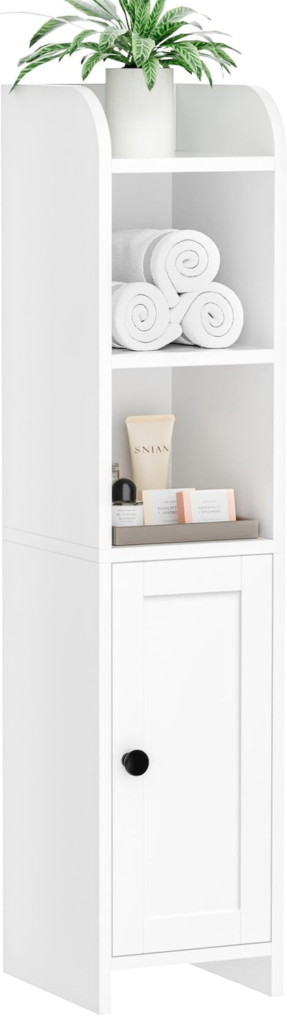 Homhedy Small Bathroom Storage Corner Floor Cabinet with Door and Shelves, Beside The Toilet Paper Stand for Skinny, Narrow Toilet Paper Cabinet, 7.9" D x 7.1" W x 31" H, White