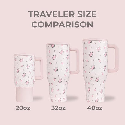 HydroJug Traveler - 32 oz Water Bottle with Handle & Flip Straw - Fits in Cup Holder, Leak Resistant Tumbler-Reusable Insulated Stainless Steel & Rubber Base - Gifts for Women & Men, Wildrose
