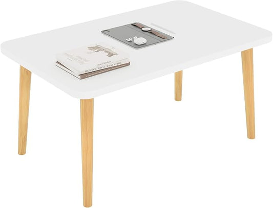 Square Coffee Table Low Table with 4 Solid Wood Sturdy Legs,Floor Table Desk for Sitting on The Floor,19.7"D x 31.5"W x 16"H Inches,Living Room/Toy room Furniture,Rental house Furniture (White-Square)