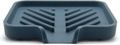 Happitasa Silicone Soap Dish Tray and Sponge Holder with Drain Chute and Feet | 3-Way Sloped Design | Bathroom and Kitchen Sink Organizer Caddy (Smoky Blue, 5"x4")