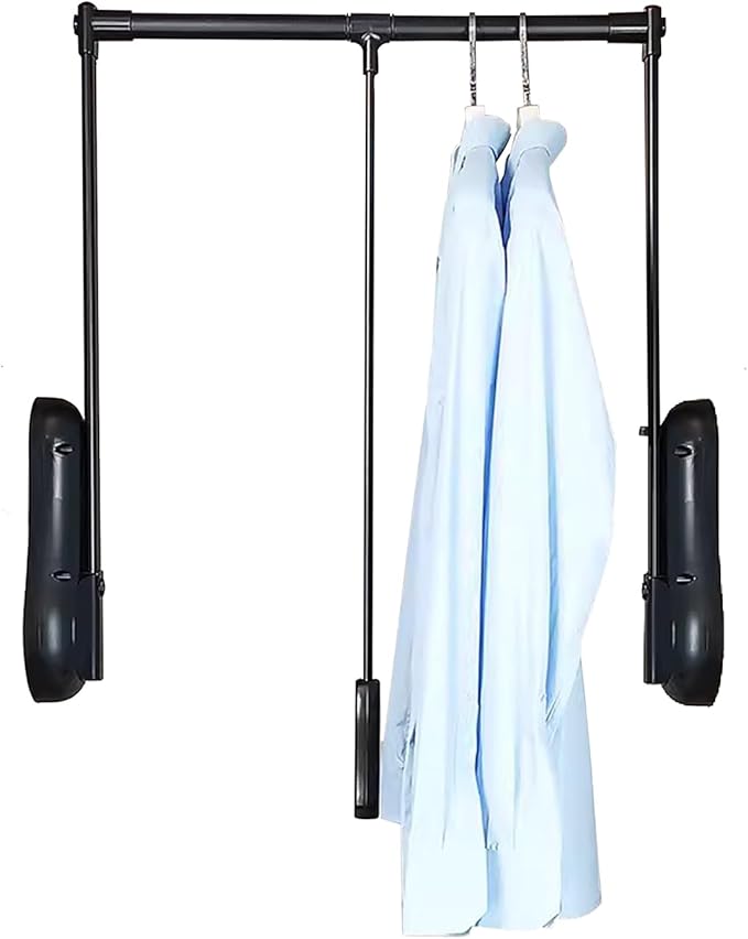 Pull Down Closet Rod for Hanging Clothes, Wardrobe Lift Rail Aluminum Alloy Organizer, Side Mounted Closet Rod for Kitchen Bedroom High Cabinets, 66 lbs Load Capacity (Black, 20.1"-25.6")