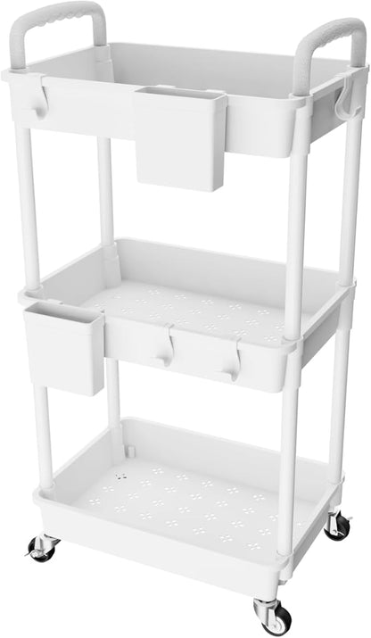3 Tier Rolling Utility Cart with Handle,REBECAT Utility Cart Made of Multifunctional Storage Organizer Tool for Kitchen,Bathroom,Living Room,Office(White)