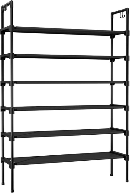 LANTEFUL 6 Tier Shoe Rack for Closet Shoe Organizer with 5 Hooks, Long Shoe Shelf Storage for Shoe and Boot Stackable Free Standing Shoe Rack for Entryway, Garage, Small Spaces, Dorm, Black