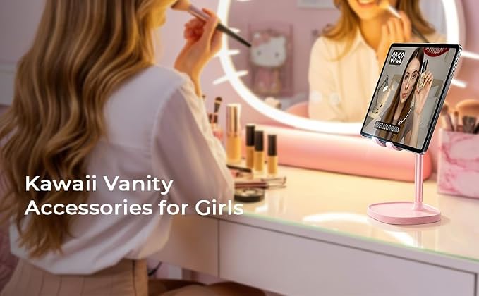 LISEN Pink Phone Stand for Home Desk, Room Vanity Decor Kitchen Accessories, Cute Phone Holder Bathroom Living Dorm Room Essentials Offices Desk Accessories for iPad mini 4-10 in Pink Gifts