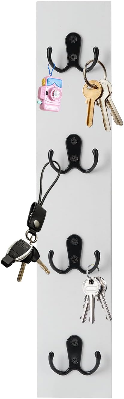 UCEC Vertical Key Holder for Wall with Hooks, Space-Saving Wooden Key Holder Wall Mount Small Organizer for Entryway, Keys, Wallets, and Pet Leashes – White Key Rack for Front Door or Garage Decor