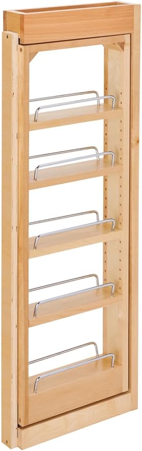 Rev-A-Shelf 3" W x 33" H Pull Out Quad Shelf Organizer for Wall & Base Kitchen Cabinets, Full Extension Filler Spice Rack, Adjustable, Wood, 432-WF33-3C
