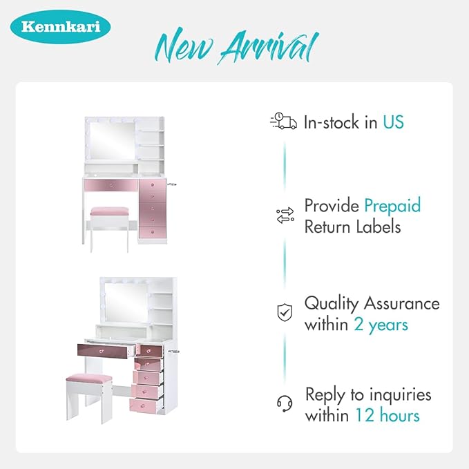 Vanity Desk with Hollywood Mirror and 9 Lights, Makeup Vanity with Drawers and Shelves, Vanity Table with Glass Top and Stool for Bedroom (Pink)