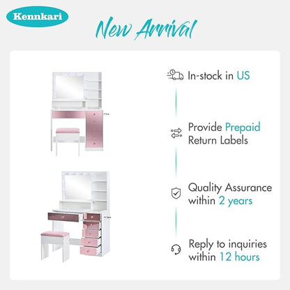 Vanity Desk with Hollywood Mirror and 9 Lights, Makeup Vanity with Drawers and Shelves, Vanity Table with Glass Top and Stool for Bedroom (Pink)