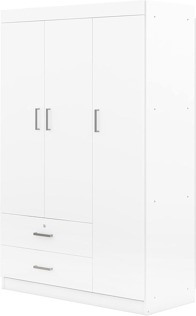 3 Door Wardrobe Cabinet Closet with Storage Drawers, Shelves and Hanging Rail for Clothes, Bedroom Organizer