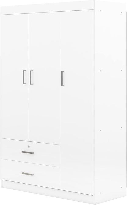 3 Door Wardrobe Cabinet Closet with Storage Drawers, Shelves and Hanging Rail for Clothes, Bedroom Organizer