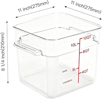 4 Pack Food Storage Containers with Red Lids, 12.0 Qt - Square, Clear, Polycarbonate, for Restaurant Commercial Kitchen and Home party