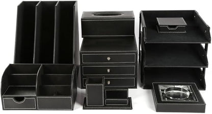 KINGFOM Pu Leather Desk Organizers and Accessories, 8 PCS/SET Office Supplies Organization with Magazine Files Holder, Stackable Paper Tray, Desktop Organizers with Drawer for Home Office School Black