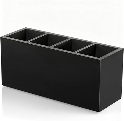 Bivvclaz Pencil Pen Holder for Desk, Wooden Office Desk Organizers and Accessories with 4 Slots for Countertop, Makeup Brush Holder Organizer for Bathroom Vanity, Silverware Caddy for Party, Black