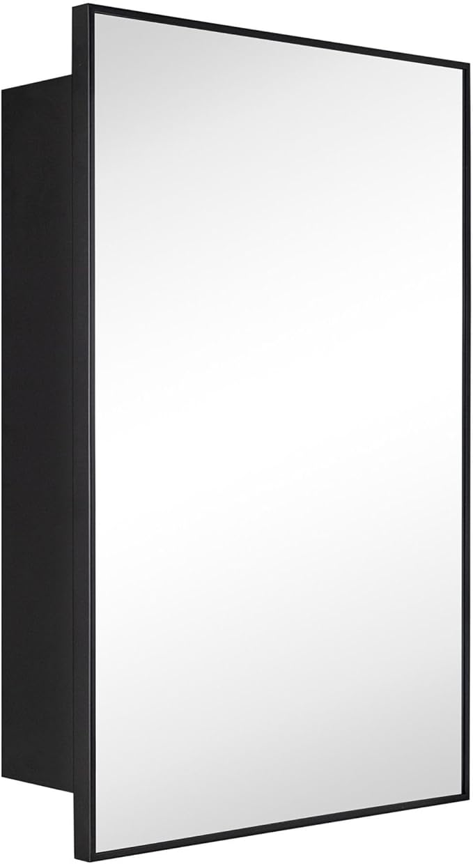 TEHOME 24'' x 30'' Black Recessed and Surface Mount Bathroom Medicine Cabinet with Mirror Matt Black Square Cornered Metal Framed Rounded Rectangle Medicine Cabinet Mirror