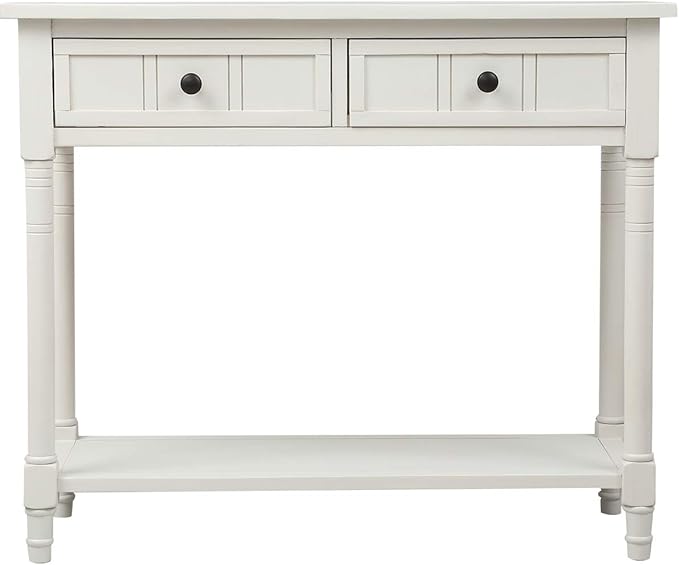 Knocbel 35.5 Inch Antique Entry Console Table with Drawers & Bottom Open Shelf, Solid Wood Sofa Couch Table for Entryway Hallway Living Room (Ivory White)