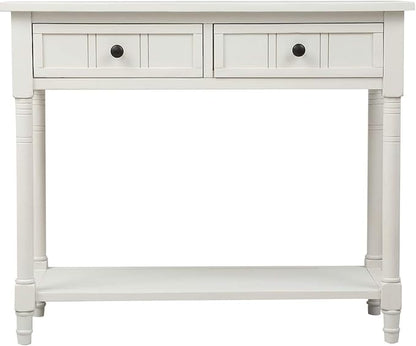 Knocbel 35.5 Inch Antique Entry Console Table with Drawers & Bottom Open Shelf, Solid Wood Sofa Couch Table for Entryway Hallway Living Room (Ivory White)