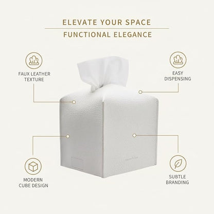 Tissue Box Cover Holder, Square with Bottom Belt by Carrot's Den - PU Leather Decorative Organizer for Tabletop, Bathroom, Car, Office | Pure White