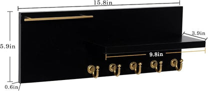 SANY DAYO HOME Real Wood Key Holder Rack Wall Mount 16 x 6 inches Black Entryway Shelf with 5 Gold Hooks, Metal Sunglass Bar, and Floating Board for Keychain, Purse