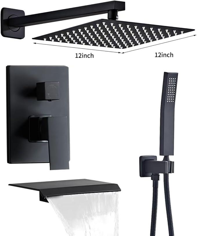 Matte Black Shower Faucet 12 Inch Set with Tub Spout, Shower Head and Handle with 2 Hooks Rain System Square Wall Mount for Bathroom