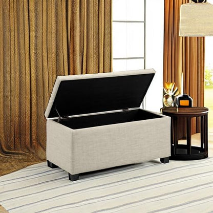Amazon Basics Upholstered Storage Ottoman Bench with Soft Close Lid, Child-Safety Hinge, No Assembly Required, 35.5"W x 16.5"D x 17"H, Beige
