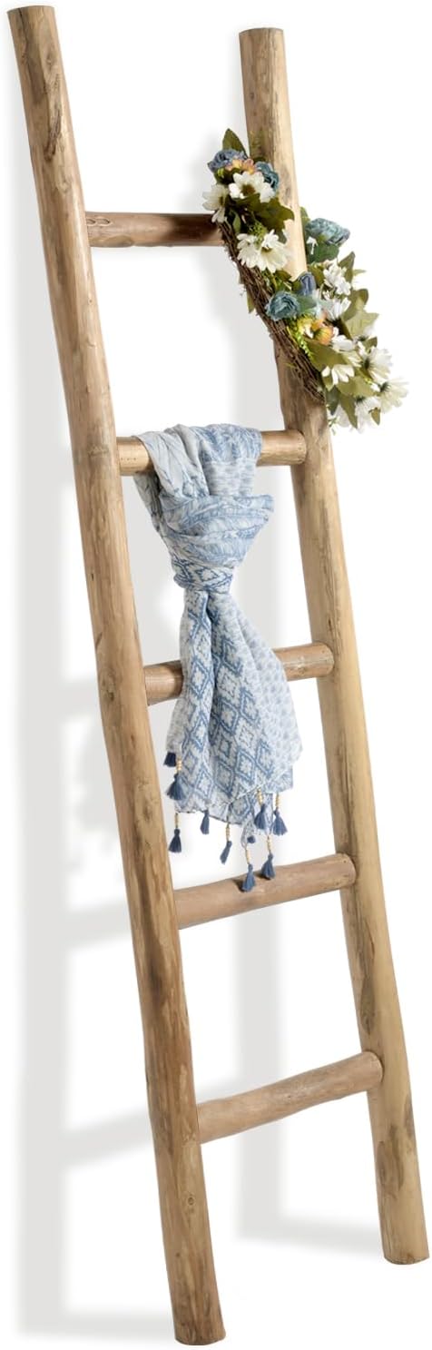 FUIN Fully Assembled 57in Wood Blanket Ladder Living Room Decorative Wall Leaning Farmhouse Quilt Display Holder Rustic Wooden Towel Rack for Bathroom