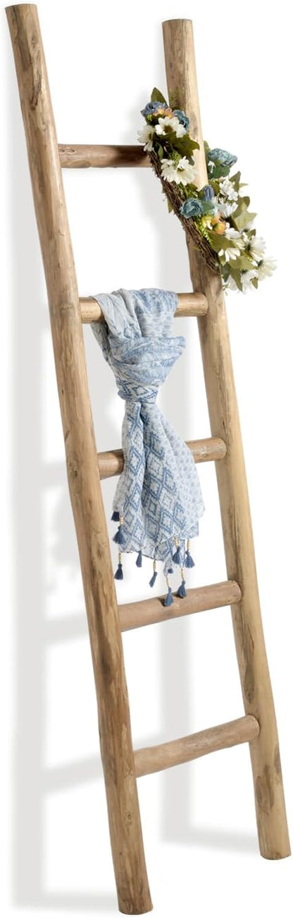 FUIN Fully Assembled 57in Wood Blanket Ladder Living Room Decorative Wall Leaning Farmhouse Quilt Display Holder Rustic Wooden Towel Rack for Bathroom