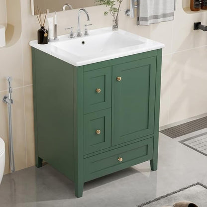 Merax 24 inch Bathroom Vanity with Drawers, Modern White Vanity for Small Bathroom with Adjustable Shelf & Removable Dividers, Easy to Clean Glossy Finish, Dark Green
