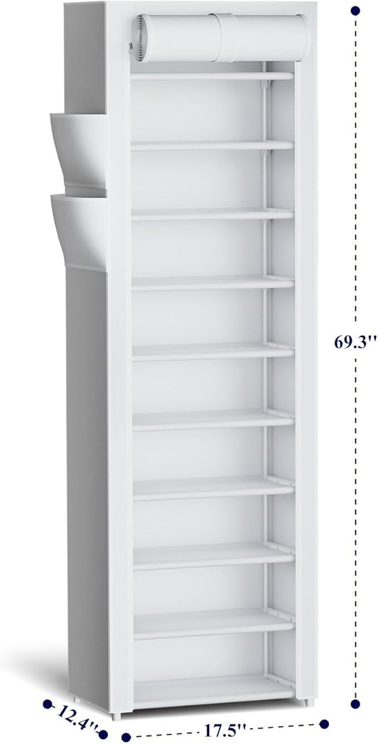 Kitsure Shoe Rack - 10-Tier Large Capacity Shoe Organizer Shelf with Dust Cover & Side Pockets, Rust-Proof Metal Shoe Rack for Closet, Entrance, Living Room, 17.5" x 12.4" x 69.3", White