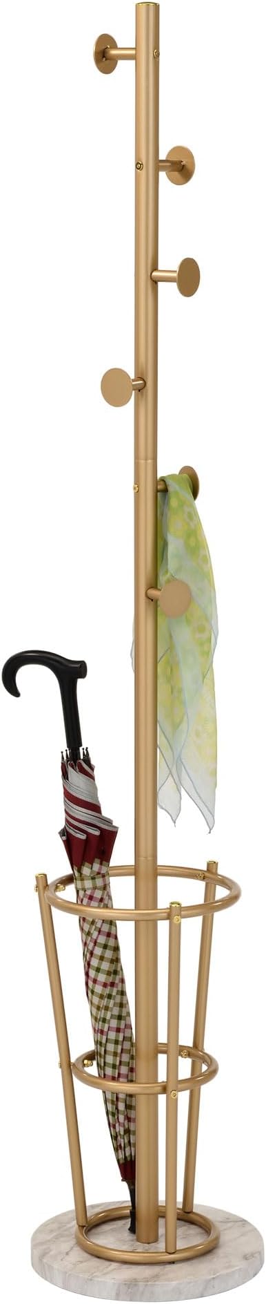 Kings Brand Furniture Freestanding Metal Hall Tree Coat Rack Stand with Umbrella Holder for Entryway Hanging Clothes, Hats, Bags (Gold)