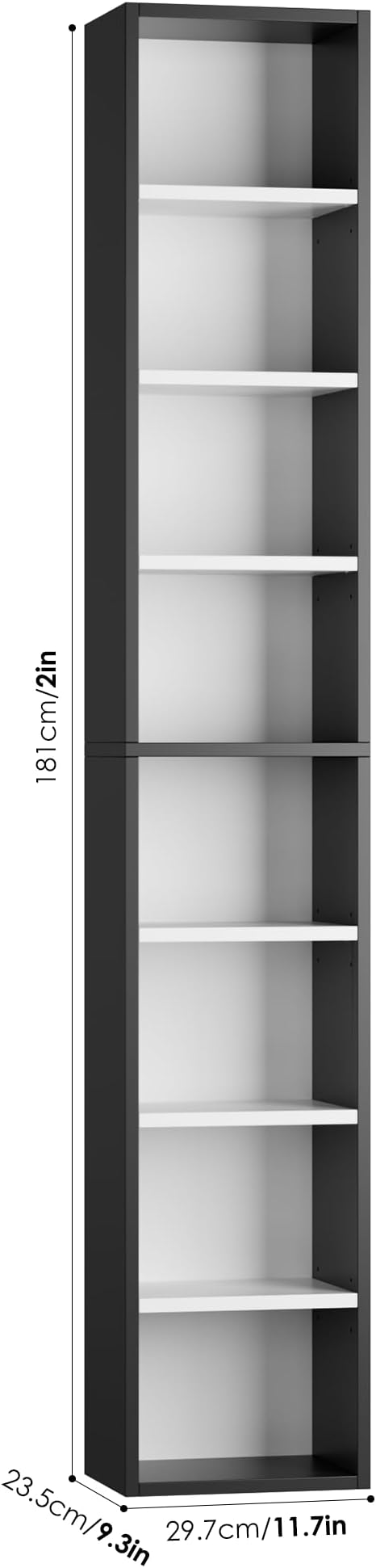 FOTOSOK 8-Tier Media Tower Rack, 11.6 X 9.3 X 71 Inches CD DVD Slim Storage Cabinet with Adjustable Shelves, Tall Narrow Bookcase Display Bookshelf for Home Office, Black/White