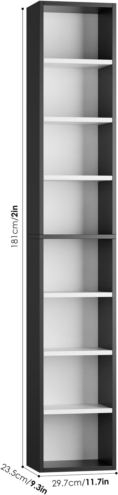 FOTOSOK 8-Tier Media Tower Rack, 11.6 X 9.3 X 71 Inches CD DVD Slim Storage Cabinet with Adjustable Shelves, Tall Narrow Bookcase Display Bookshelf for Home Office, Black/White