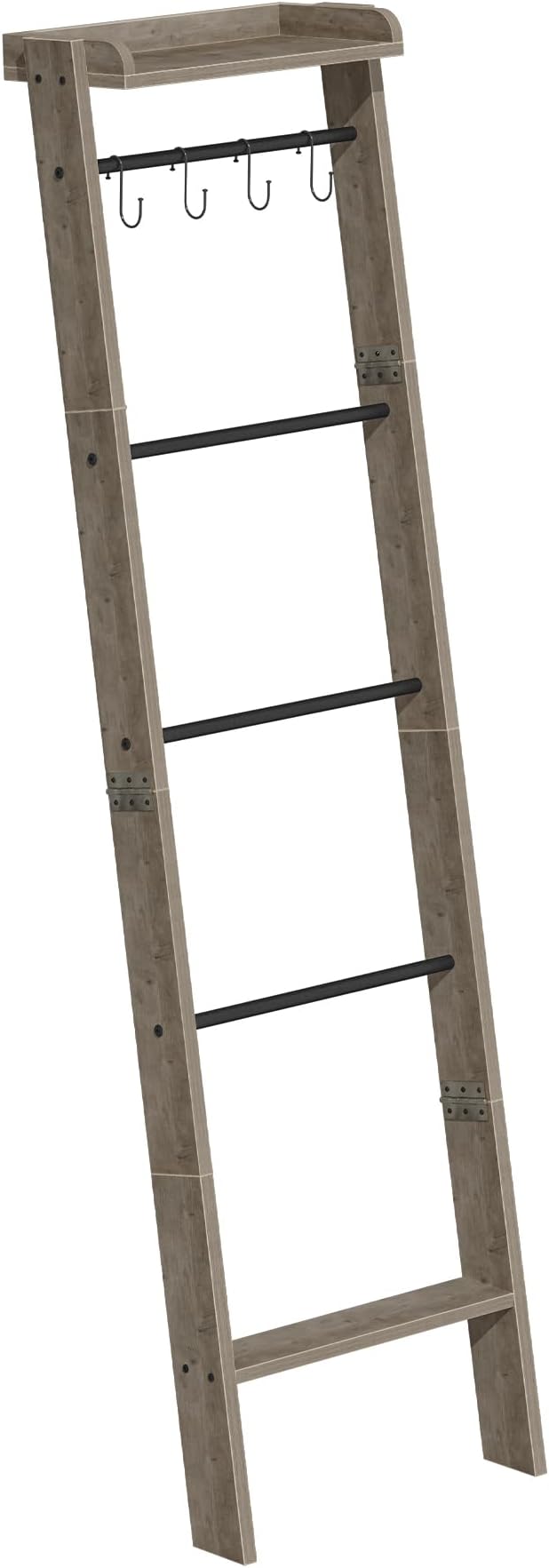 Hzuaneri Blanket Ladder Shelf, Decorative Quilt Rack, 6-Tier Farmhouse Ladder Holder Organizer with 4 Removable Hooks 7.9" D x 17.3" W x 63.4" H, Greige BR35805B