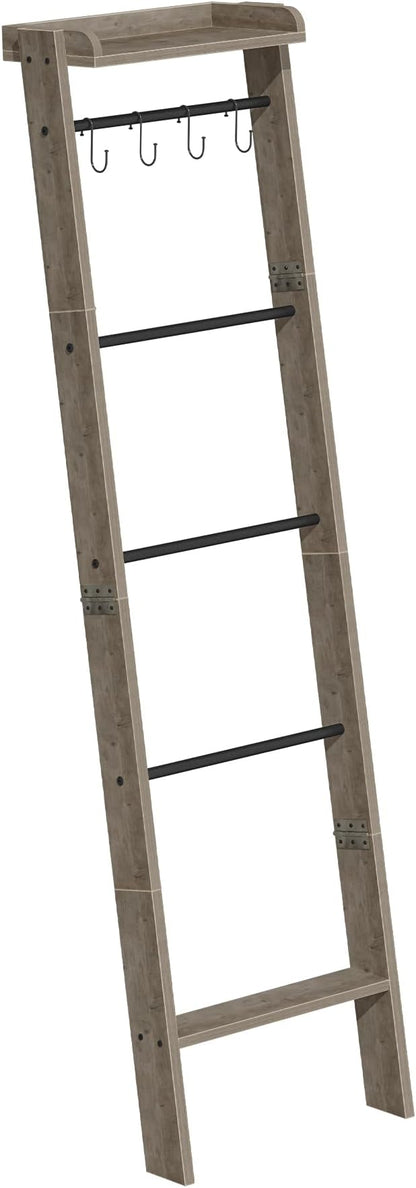 Hzuaneri Blanket Ladder Shelf, Decorative Quilt Rack, 6-Tier Farmhouse Ladder Holder Organizer with 4 Removable Hooks 7.9" D x 17.3" W x 63.4" H, Greige BR35805B