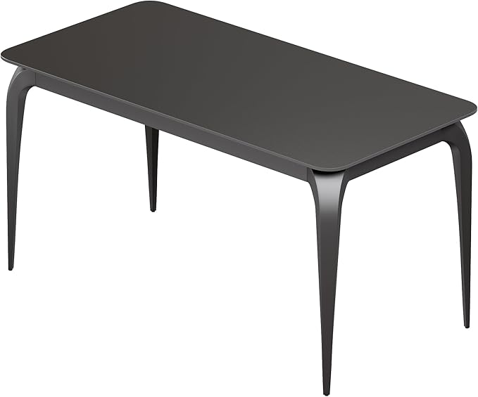 Dining Table, Sintered Stone Kitchen Table, 55'' Black Modern Rectangular Slate Patio Table with Metal Legs, Indoor Outdoor Stone Dining Table for Patio, Backyard, Scratch and Heat Resistant