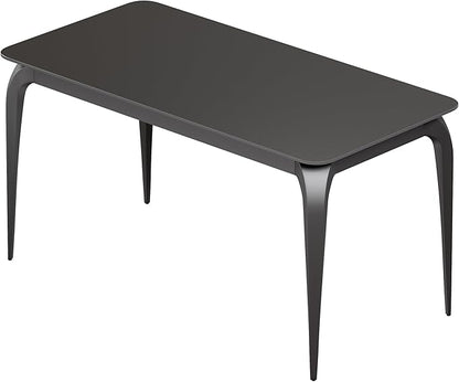 Dining Table, Sintered Stone Kitchen Table, 55'' Black Modern Rectangular Slate Patio Table with Metal Legs, Indoor Outdoor Stone Dining Table for Patio, Backyard, Scratch and Heat Resistant